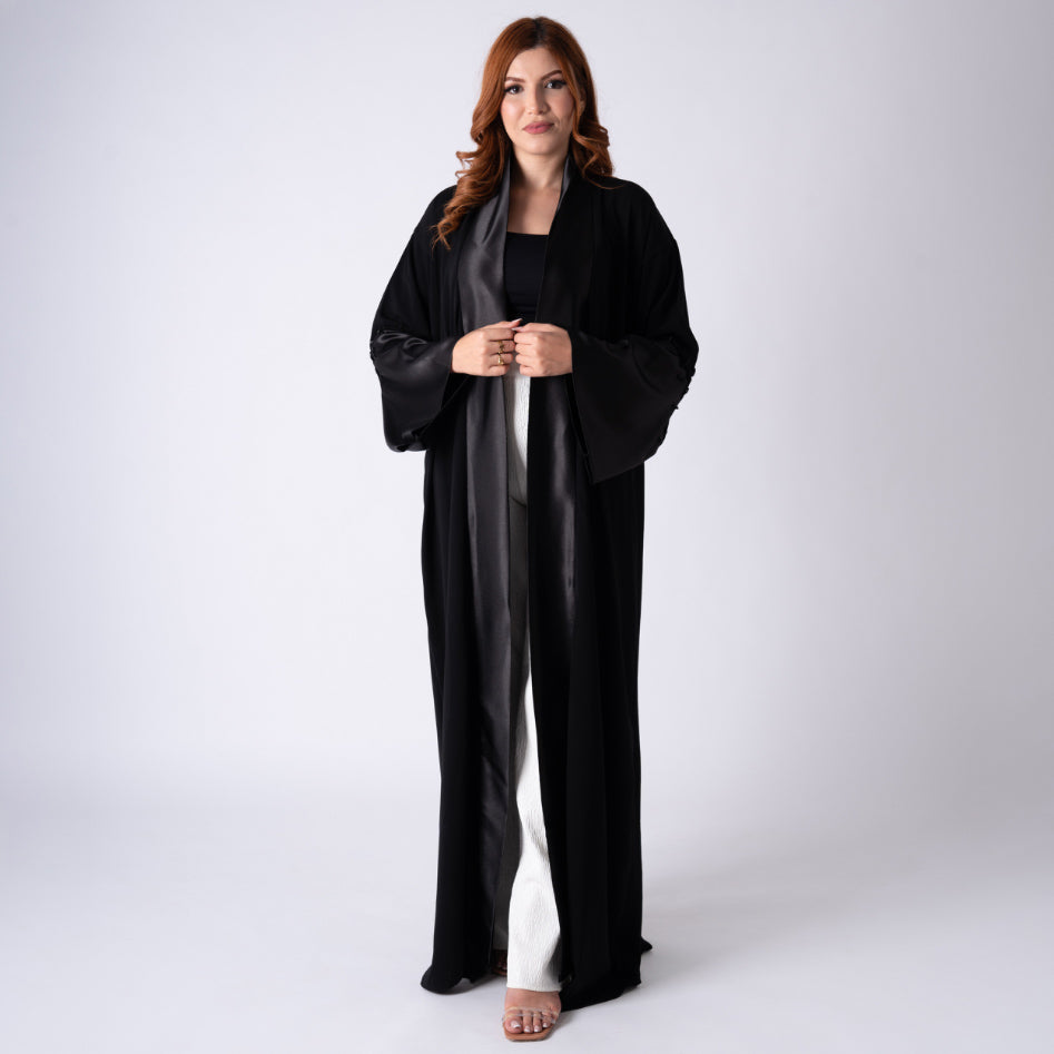 Qamar Belted Black Satin Abaya size 3
