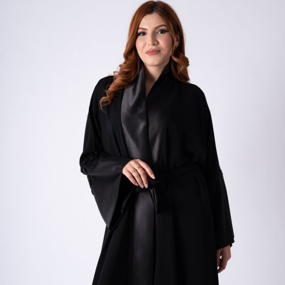 Qamar Belted Black Satin Abaya size 3