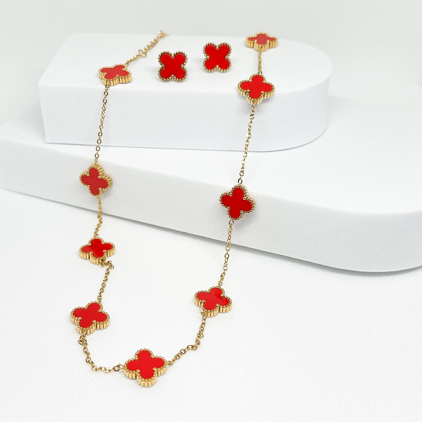 Luxury Clover-shaped 18k gold stainless steel Long necklace and earrings Red and gold waterproof