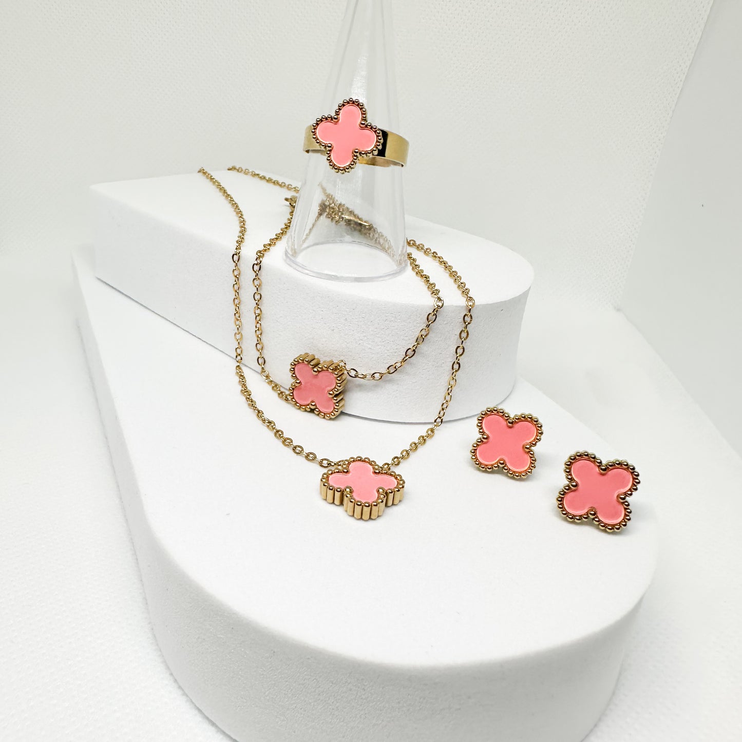 Pink Clover set stainless steel 18k gold plated pink and gold waterproof